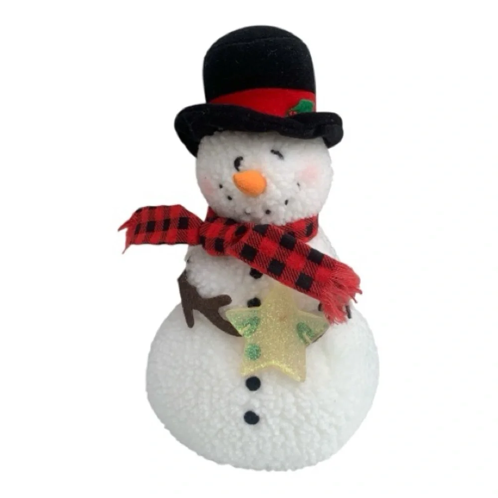 Festive Hallmark Snowman Tree Topper Plushy Figurine with Red Scarf Holding Star